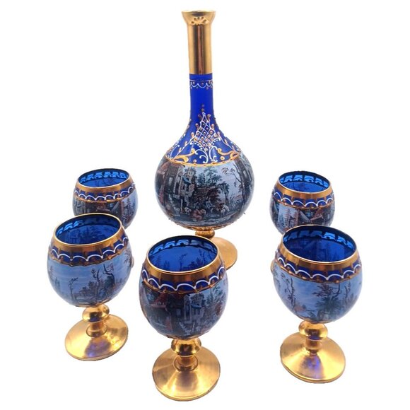 Murano Cobalt Blue Gold Pedestal Italian Victorian Scenes Decanter Wine Glasses - Picture 4 of 15